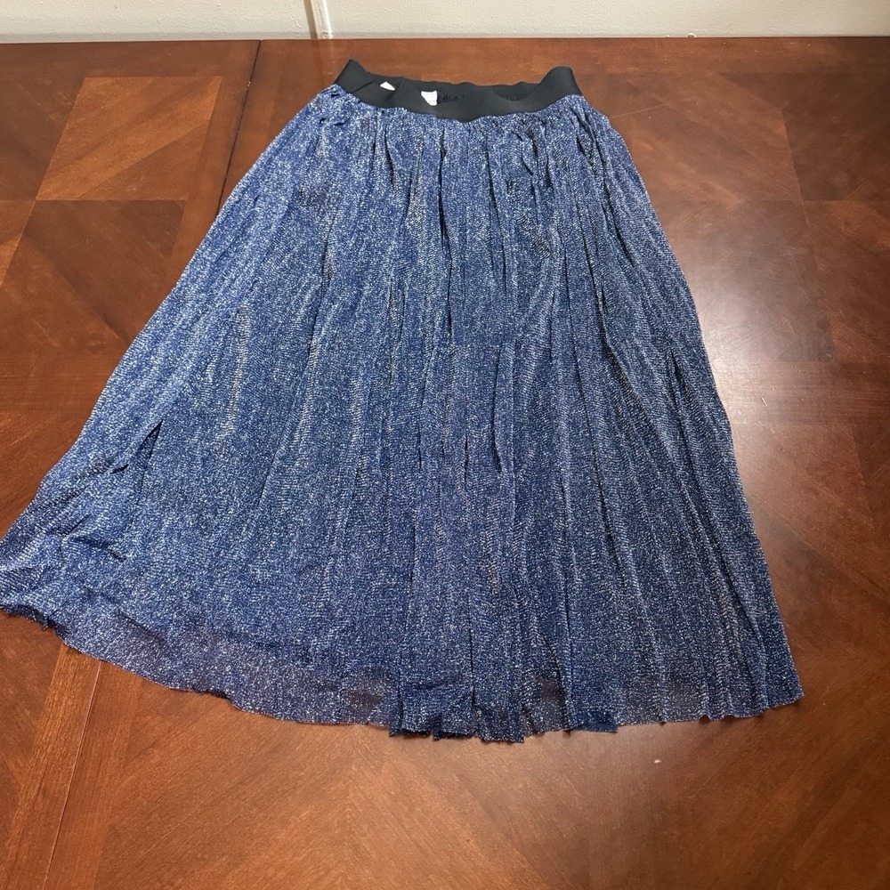 Mad Style Glitter Pleated Midi Skirt‎ Blue Black Elastic Waist One Size